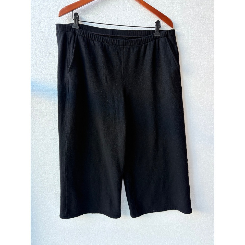 Eileen Fisher Pants Knit Wide Leg Cropped Pocket Minimalist Workwear Black PL